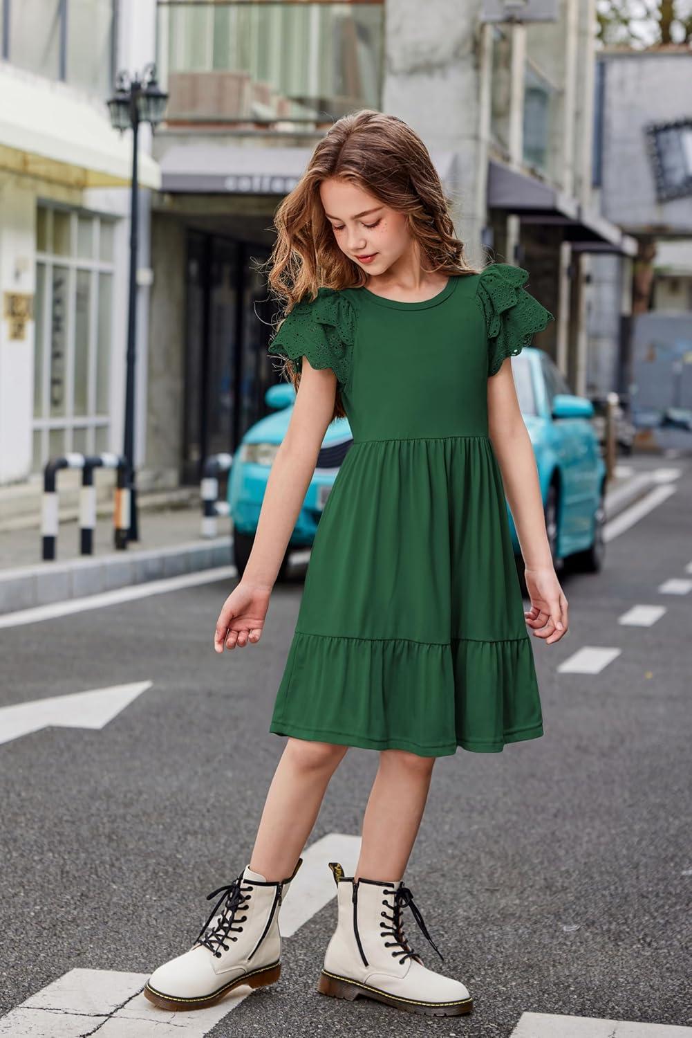 image:imageArshiner Girls Summer Dresses Casual Flutter Sleeve ALine Midi Dress with Pockets for 614 YearsGreen