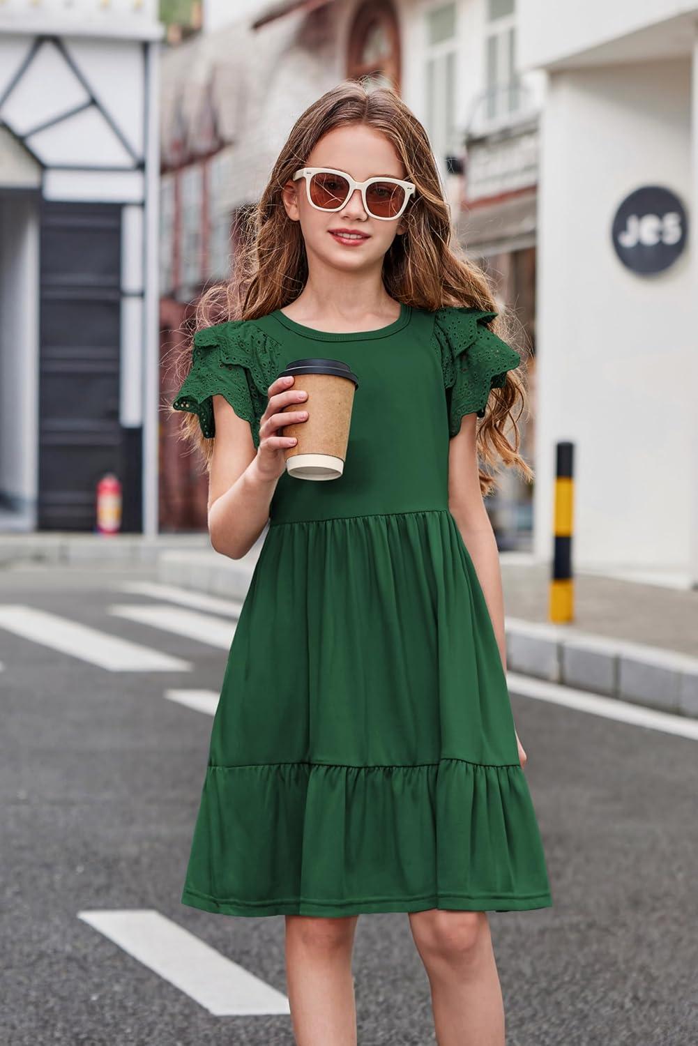 image:imageArshiner Girls Summer Dresses Casual Flutter Sleeve ALine Midi Dress with Pockets for 614 YearsGreen