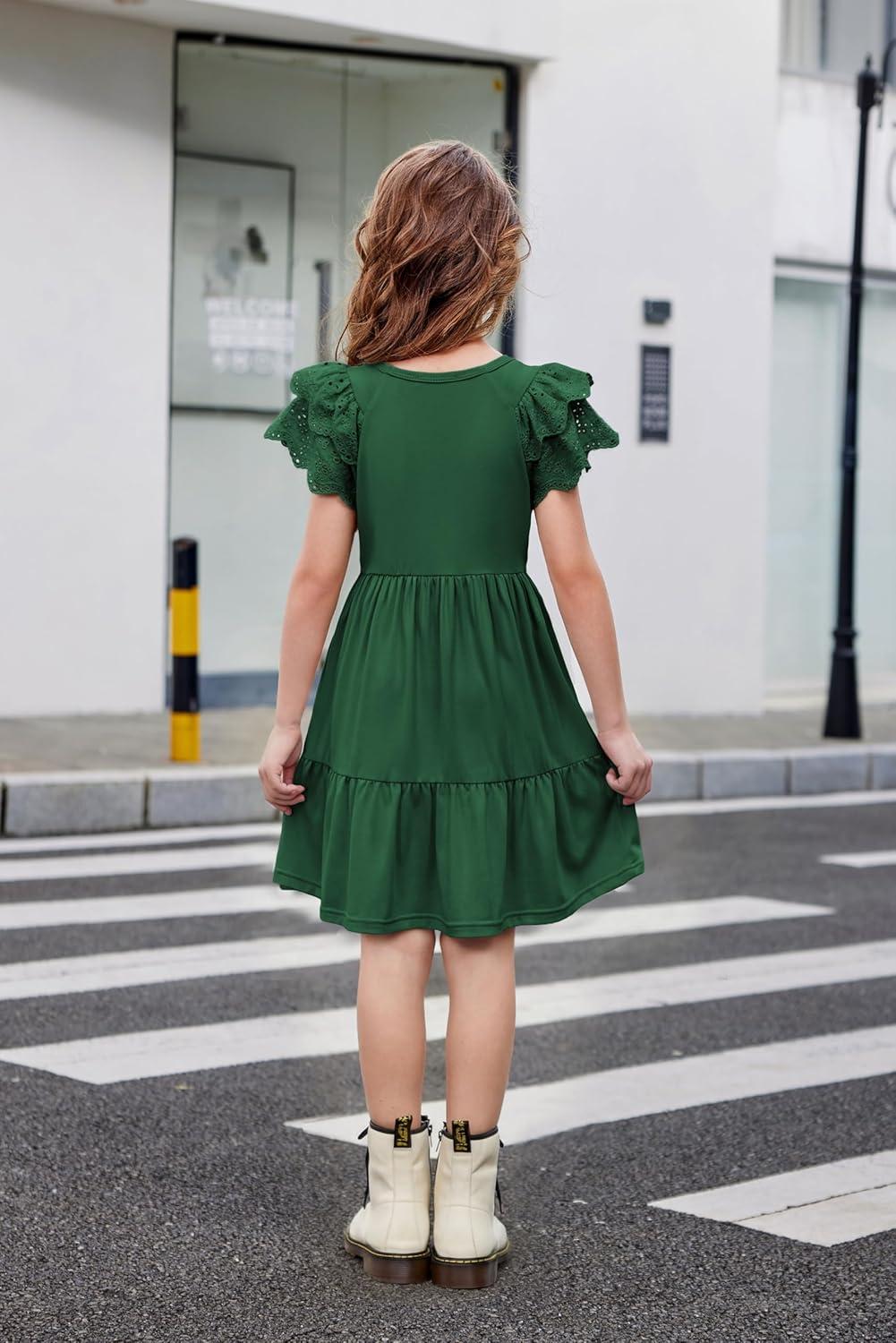 image:imageArshiner Girls Summer Dresses Casual Flutter Sleeve ALine Midi Dress with Pockets for 614 YearsGreen