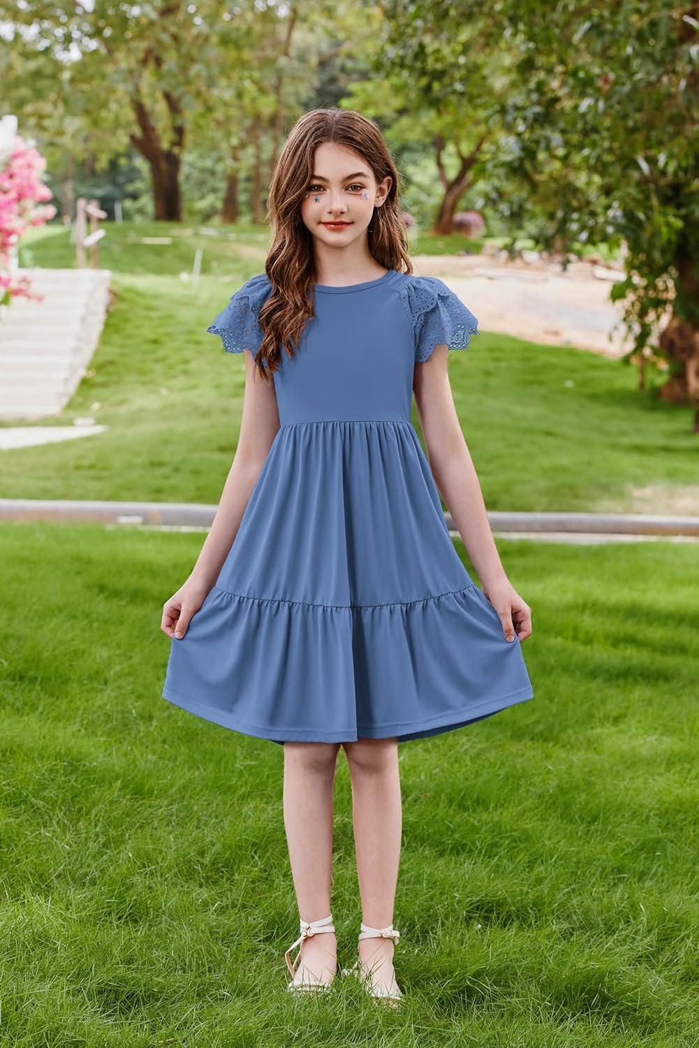 image:imageArshiner Girls Summer Dresses Casual Flutter Sleeve ALine Midi Dress with Pockets for 614 YearsGrey Blue