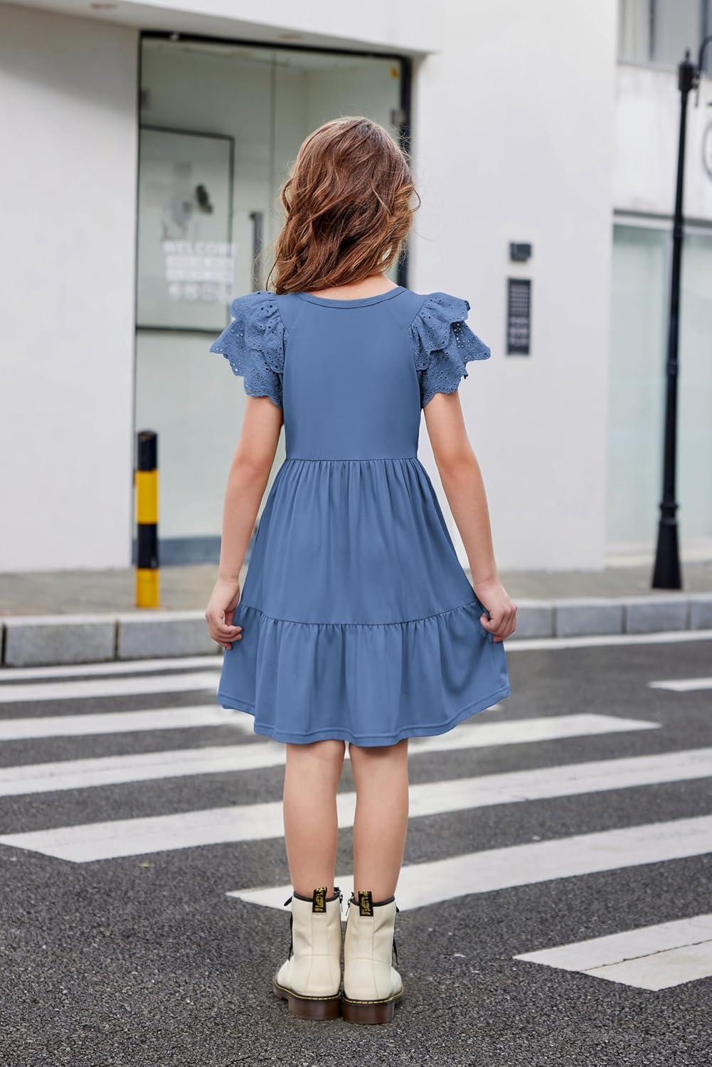 image:imageArshiner Girls Summer Dresses Casual Flutter Sleeve ALine Midi Dress with Pockets for 614 YearsGrey Blue