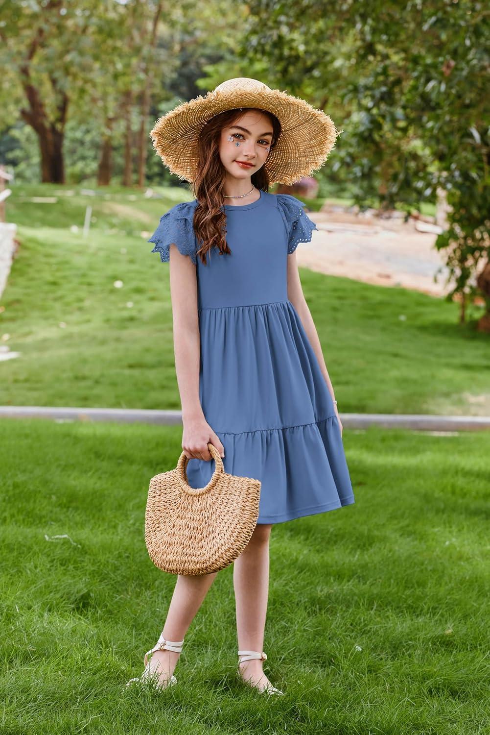 image:imageArshiner Girls Summer Dresses Casual Flutter Sleeve ALine Midi Dress with Pockets for 614 YearsGrey Blue