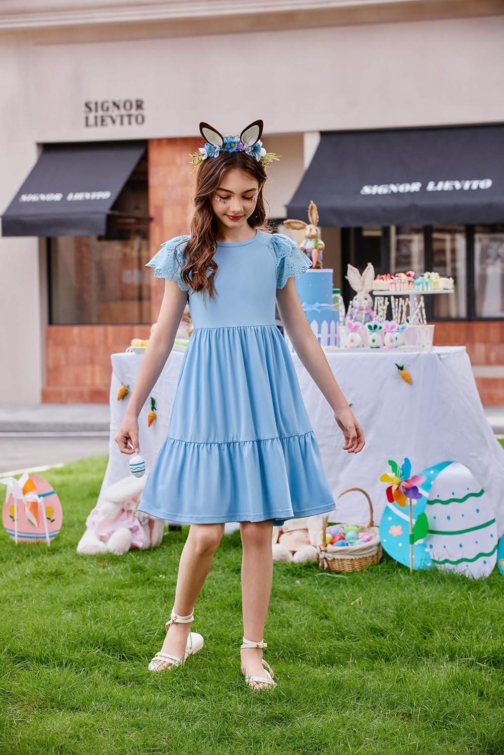image:imageArshiner Girls Summer Dresses Casual Flutter Sleeve ALine Midi Dress with Pockets for 614 YearsLight Blue