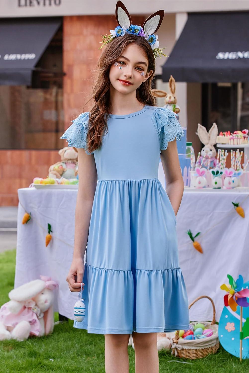 image:imageArshiner Girls Summer Dresses Casual Flutter Sleeve ALine Midi Dress with Pockets for 614 YearsLight Blue