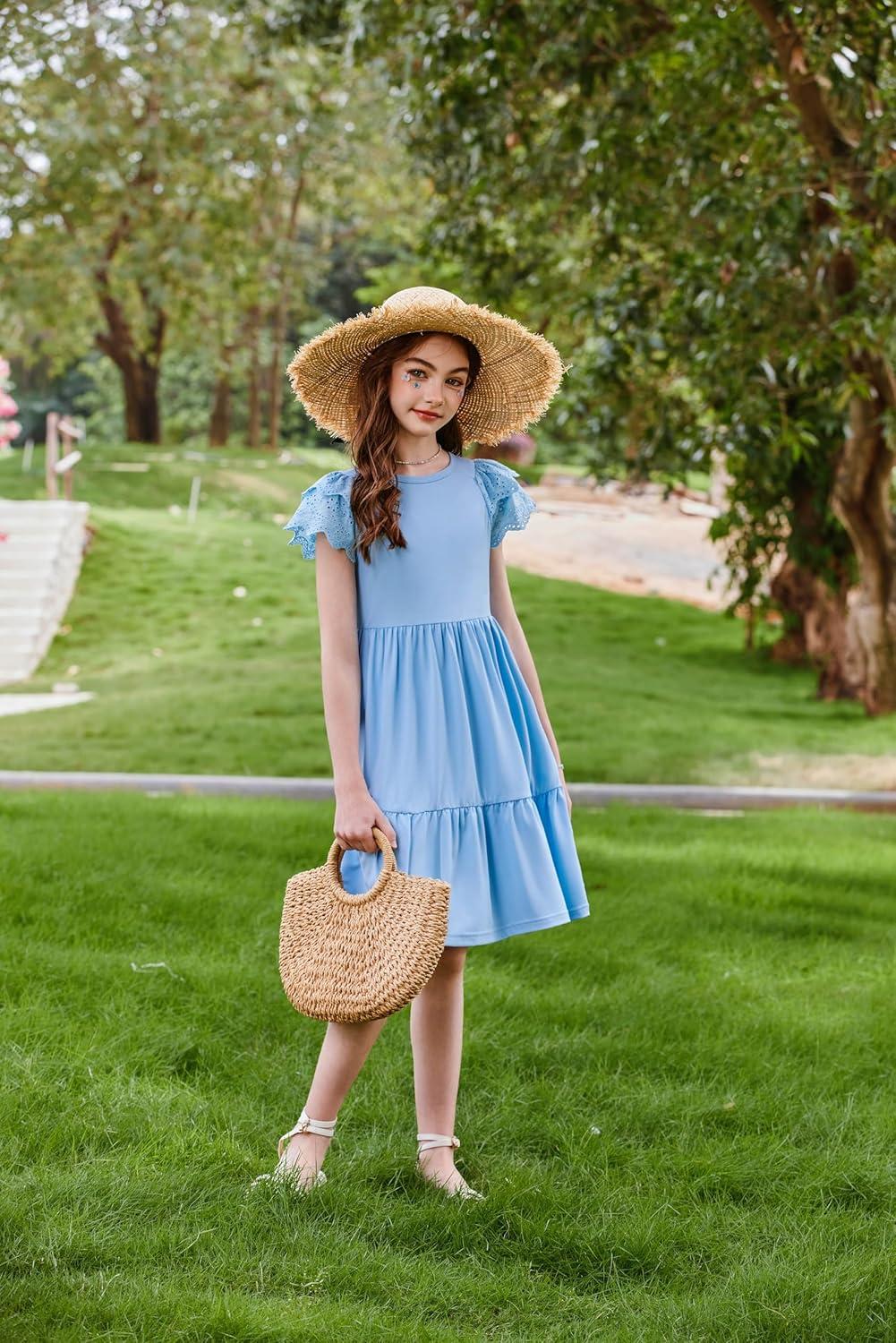 image:imageArshiner Girls Summer Dresses Casual Flutter Sleeve ALine Midi Dress with Pockets for 614 YearsLight Blue