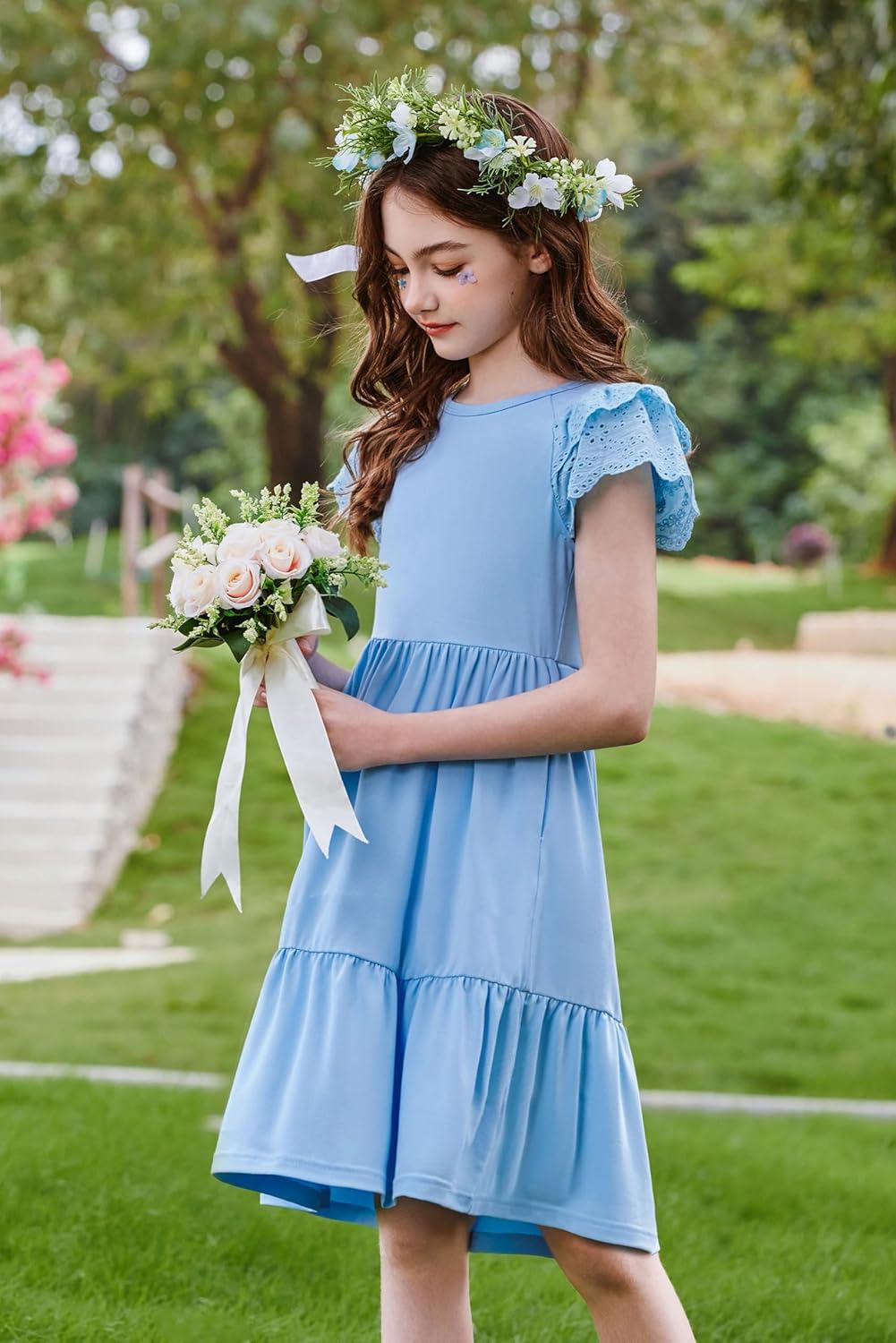 image:imageArshiner Girls Summer Dresses Casual Flutter Sleeve ALine Midi Dress with Pockets for 614 YearsLight Blue