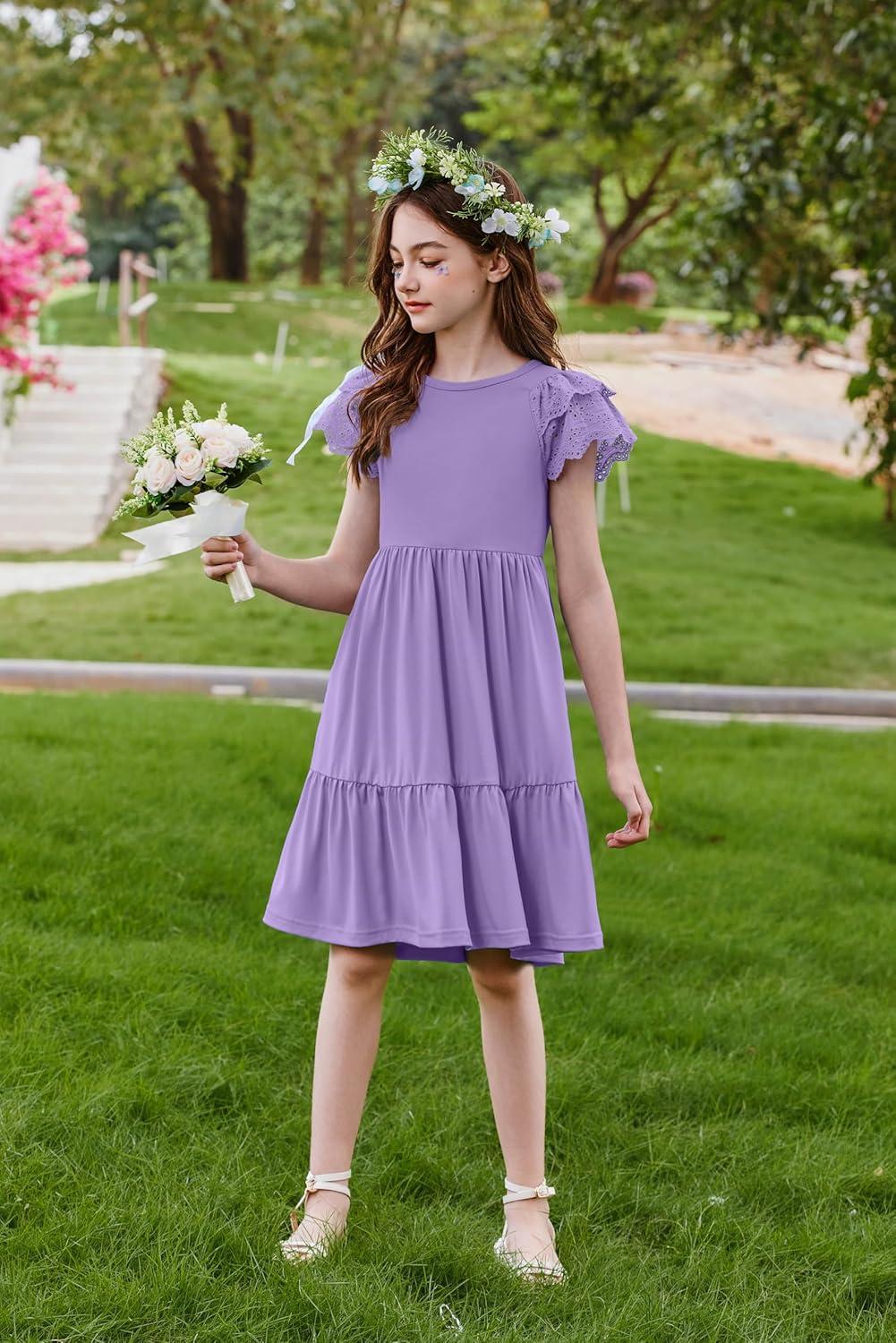 image:imageArshiner Girls Summer Dresses Casual Flutter Sleeve ALine Midi Dress with Pockets for 614 YearsLilac