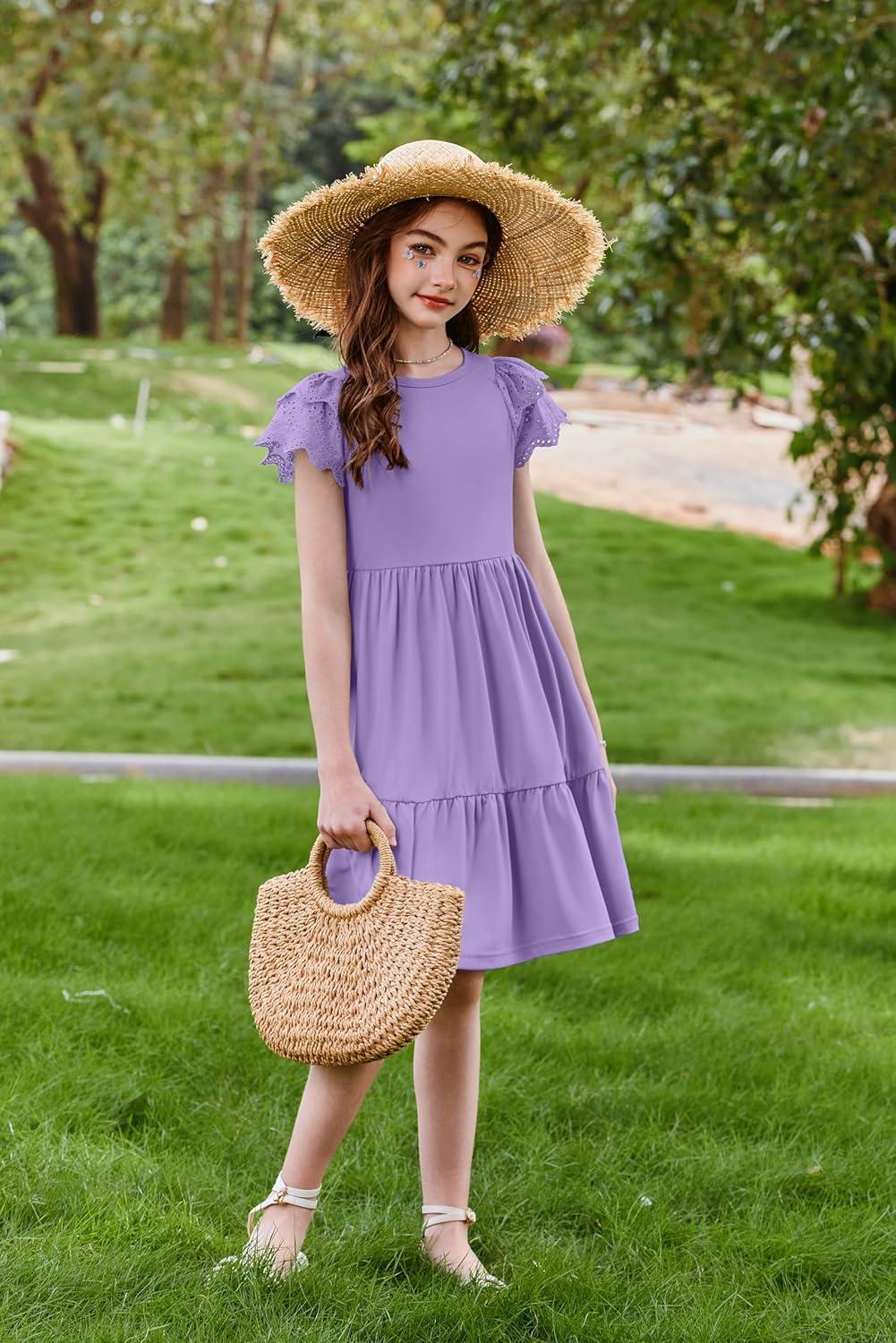 image:imageArshiner Girls Summer Dresses Casual Flutter Sleeve ALine Midi Dress with Pockets for 614 YearsLilac