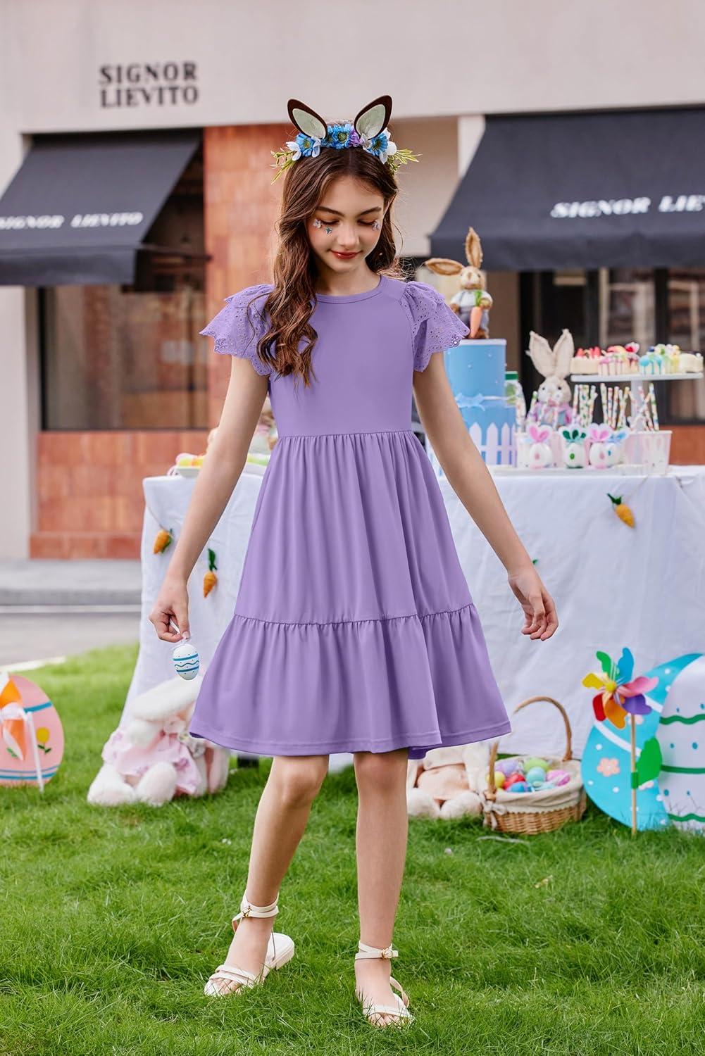 image:imageArshiner Girls Summer Dresses Casual Flutter Sleeve ALine Midi Dress with Pockets for 614 YearsLilac