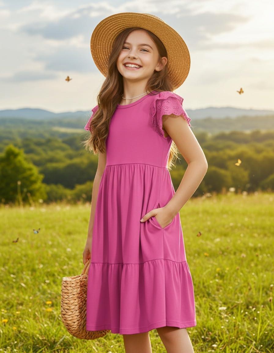 image:imageArshiner Girls Summer Dresses Casual Flutter Sleeve ALine Midi Dress with Pockets for 614 YearsPeach Pink