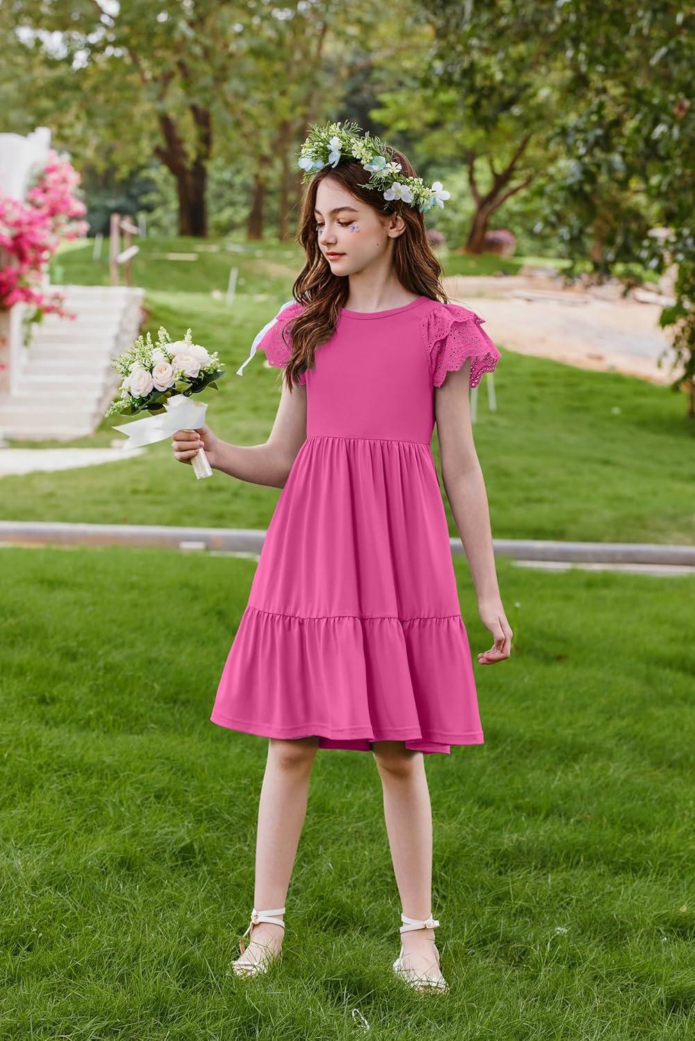 image:imageArshiner Girls Summer Dresses Casual Flutter Sleeve ALine Midi Dress with Pockets for 614 YearsPeach Pink