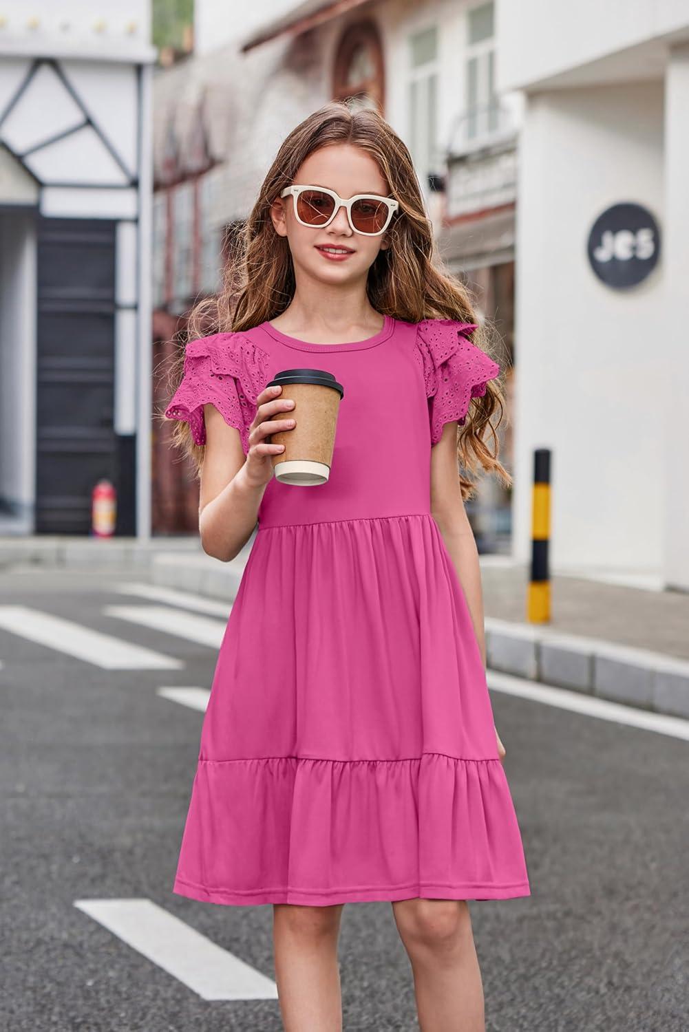 image:imageArshiner Girls Summer Dresses Casual Flutter Sleeve ALine Midi Dress with Pockets for 614 YearsPeach Pink