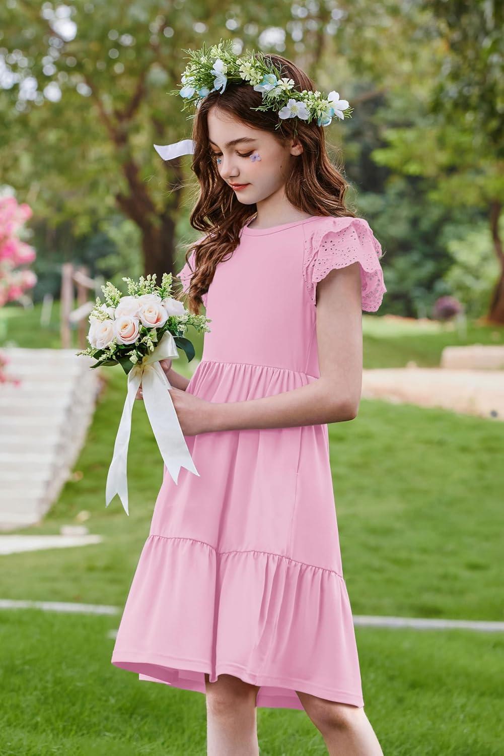 image:imageArshiner Girls Summer Dresses Casual Flutter Sleeve ALine Midi Dress with Pockets for 614 YearsPink