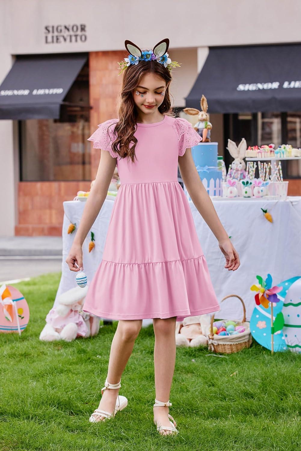 image:imageArshiner Girls Summer Dresses Casual Flutter Sleeve ALine Midi Dress with Pockets for 614 YearsPink