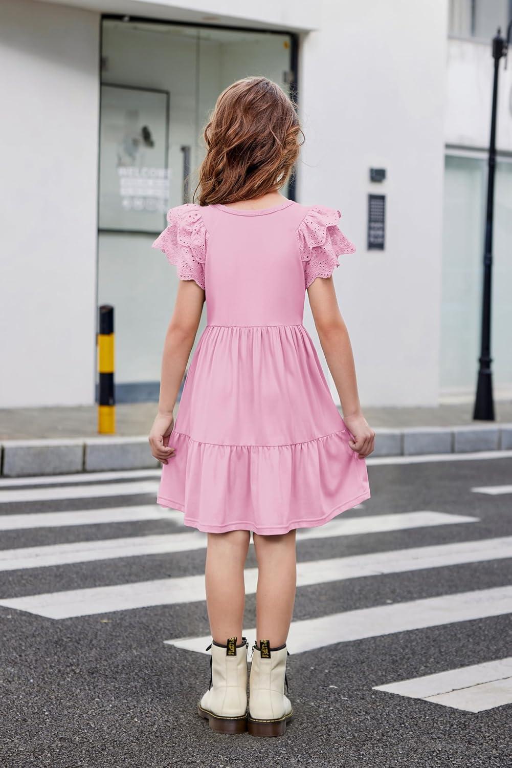 image:imageArshiner Girls Summer Dresses Casual Flutter Sleeve ALine Midi Dress with Pockets for 614 YearsPink