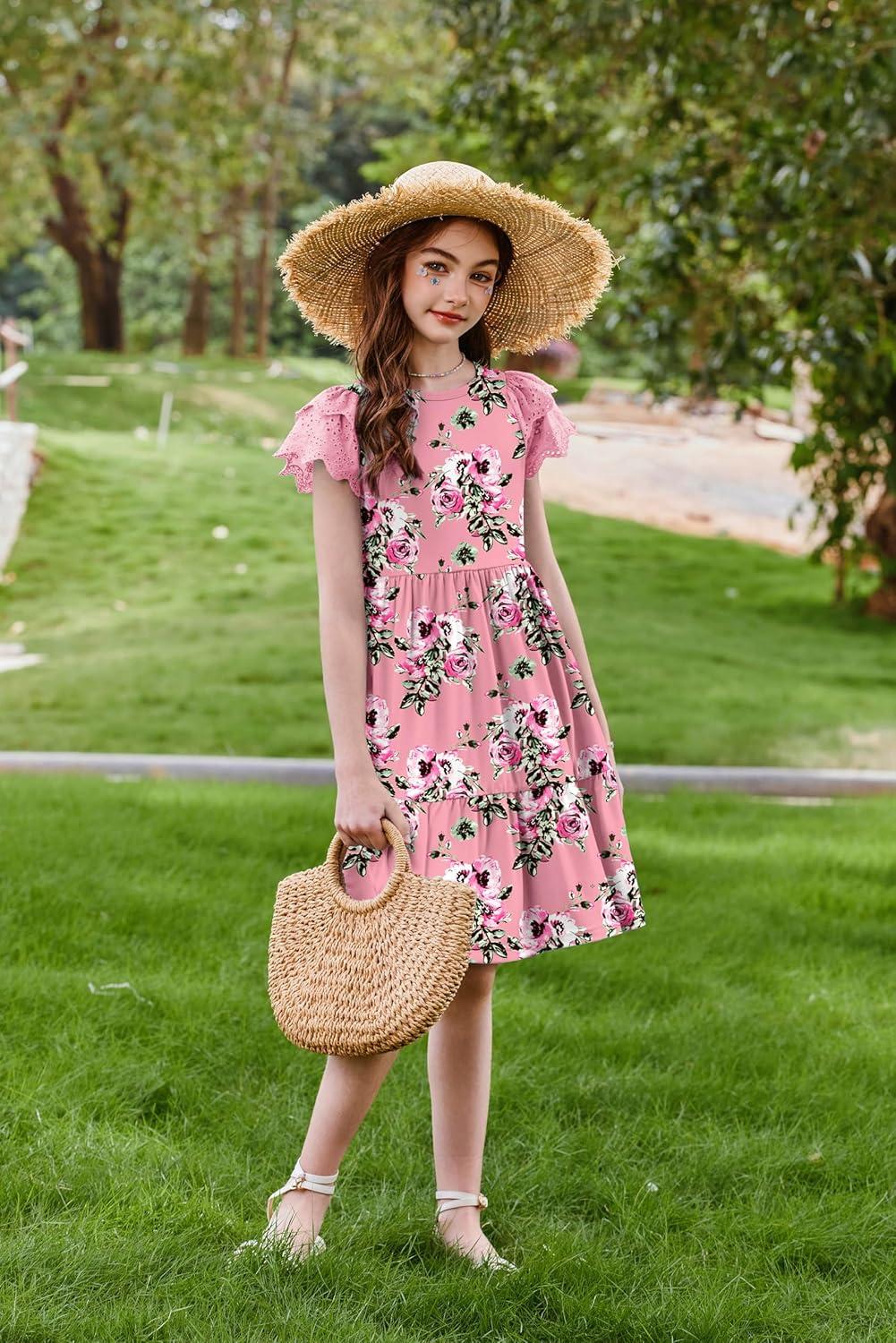 image:imageArshiner Girls Summer Dresses Casual Flutter Sleeve ALine Midi Dress with Pockets for 614 YearsPink With Flower