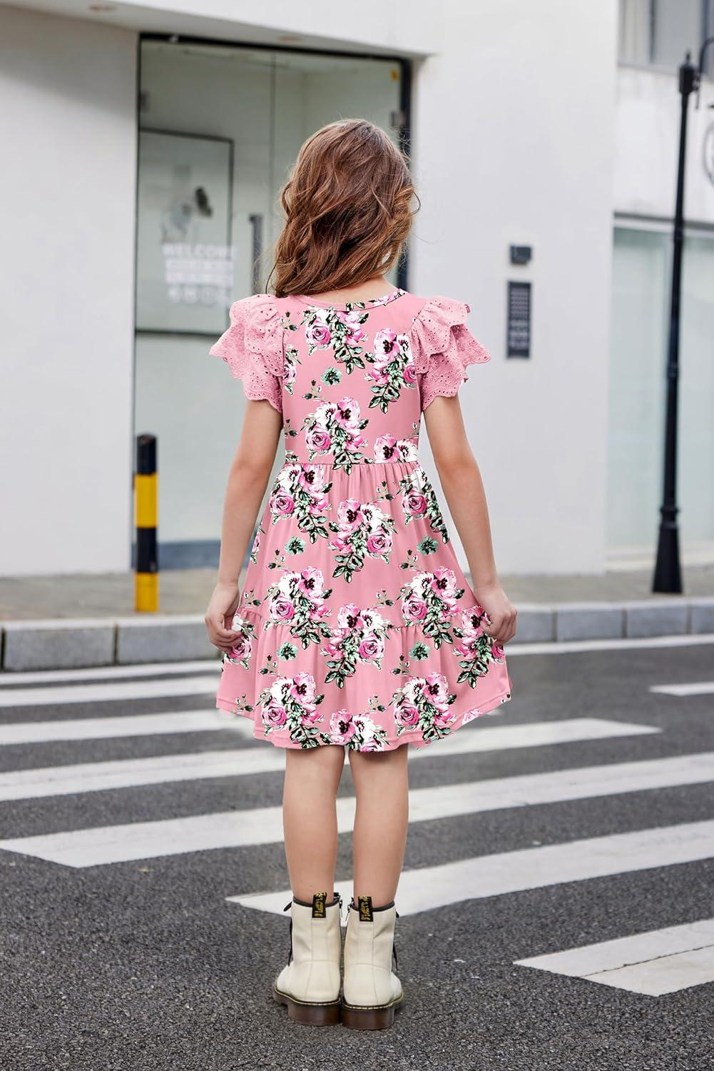 image:imageArshiner Girls Summer Dresses Casual Flutter Sleeve ALine Midi Dress with Pockets for 614 YearsPink With Flower