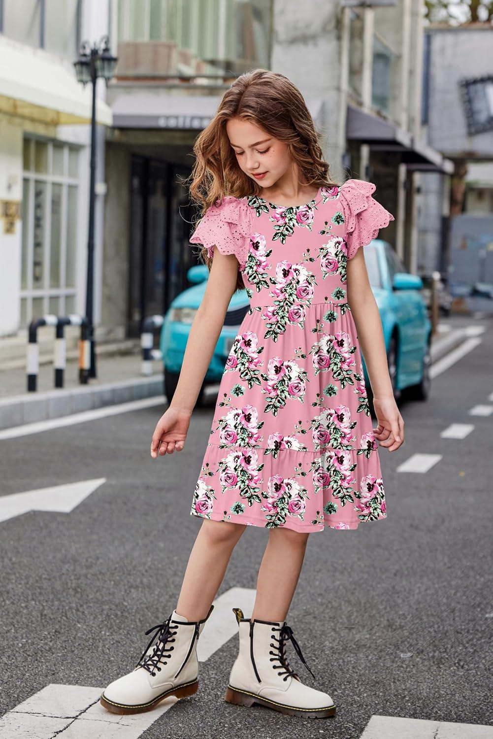 image:imageArshiner Girls Summer Dresses Casual Flutter Sleeve ALine Midi Dress with Pockets for 614 YearsPink With Flower