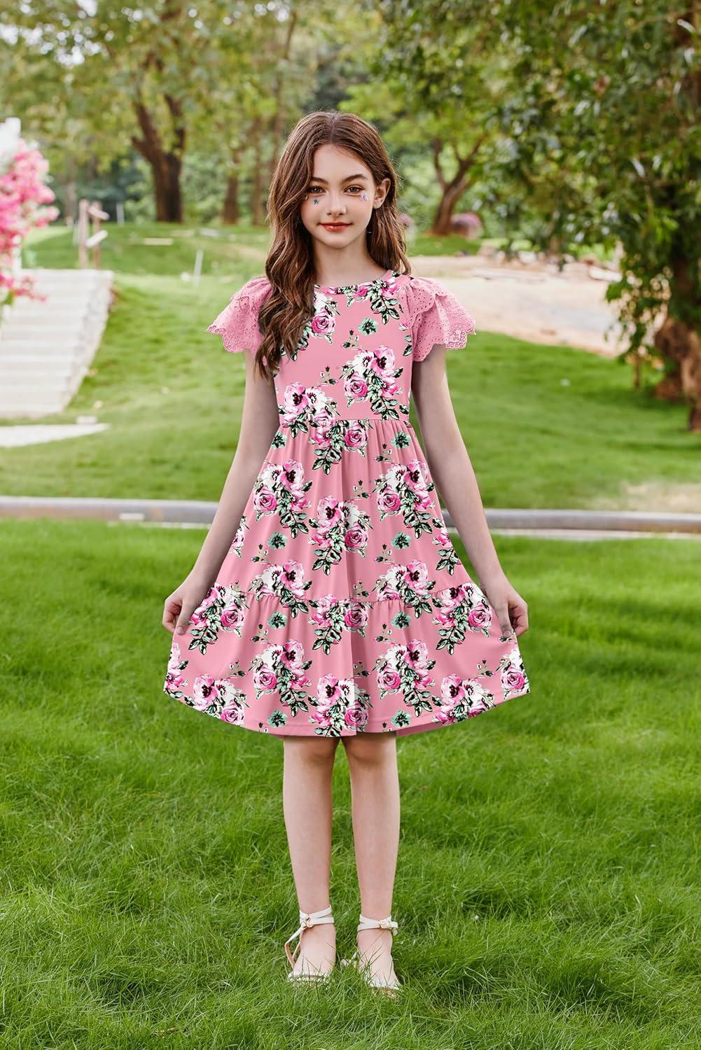 image:imageArshiner Girls Summer Dresses Casual Flutter Sleeve ALine Midi Dress with Pockets for 614 YearsPink With Flower