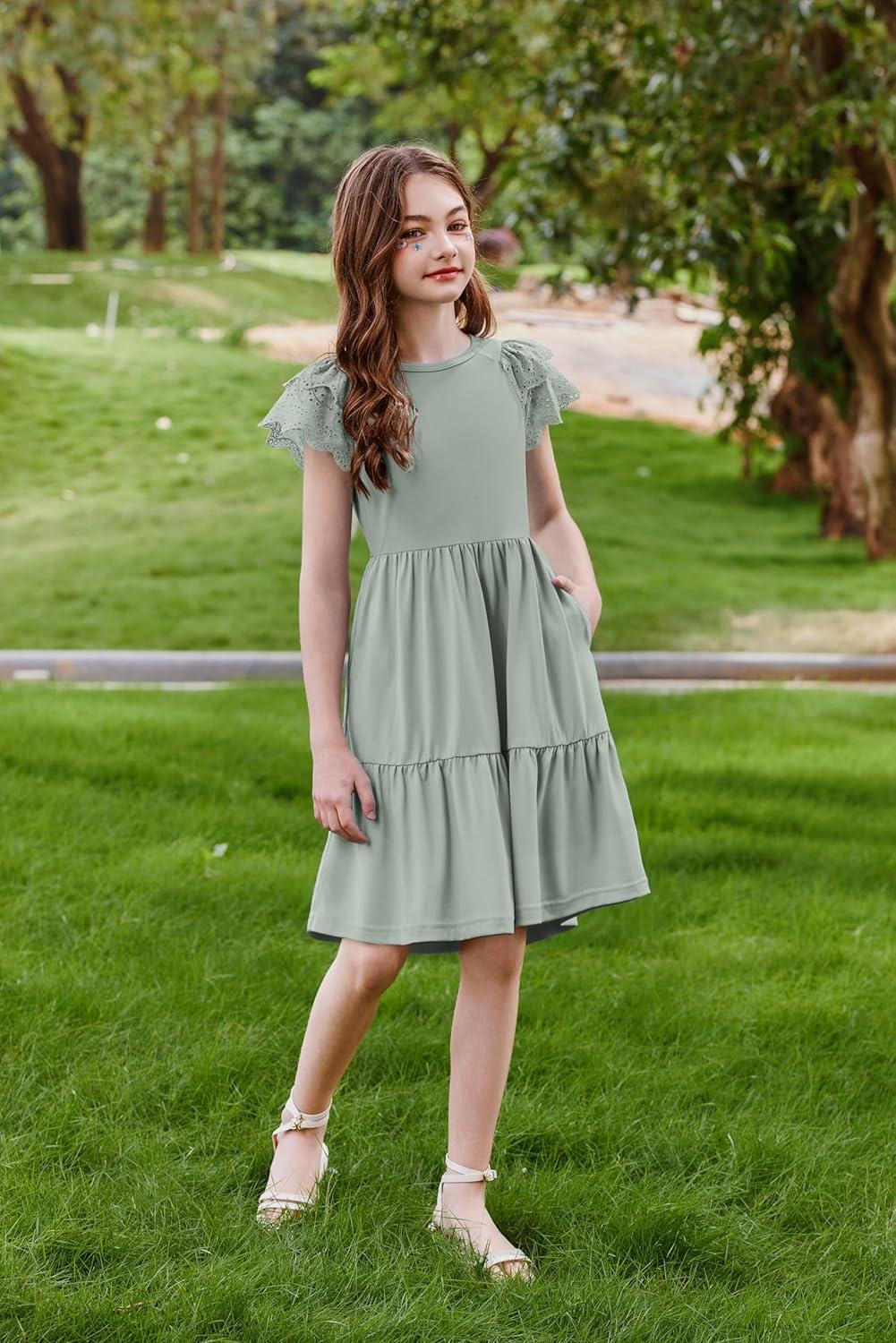 image:imageArshiner Girls Summer Dresses Casual Flutter Sleeve ALine Midi Dress with Pockets for 614 YearsSage