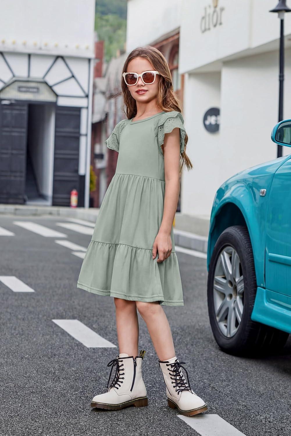 image:imageArshiner Girls Summer Dresses Casual Flutter Sleeve ALine Midi Dress with Pockets for 614 YearsSage