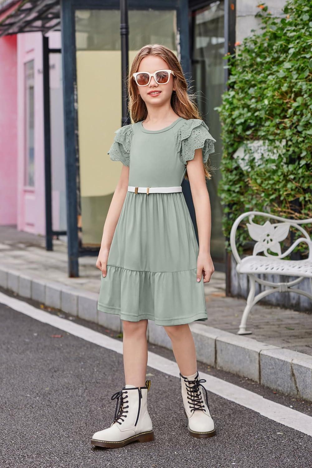 image:imageArshiner Girls Summer Dresses Casual Flutter Sleeve ALine Midi Dress with Pockets for 614 YearsSage
