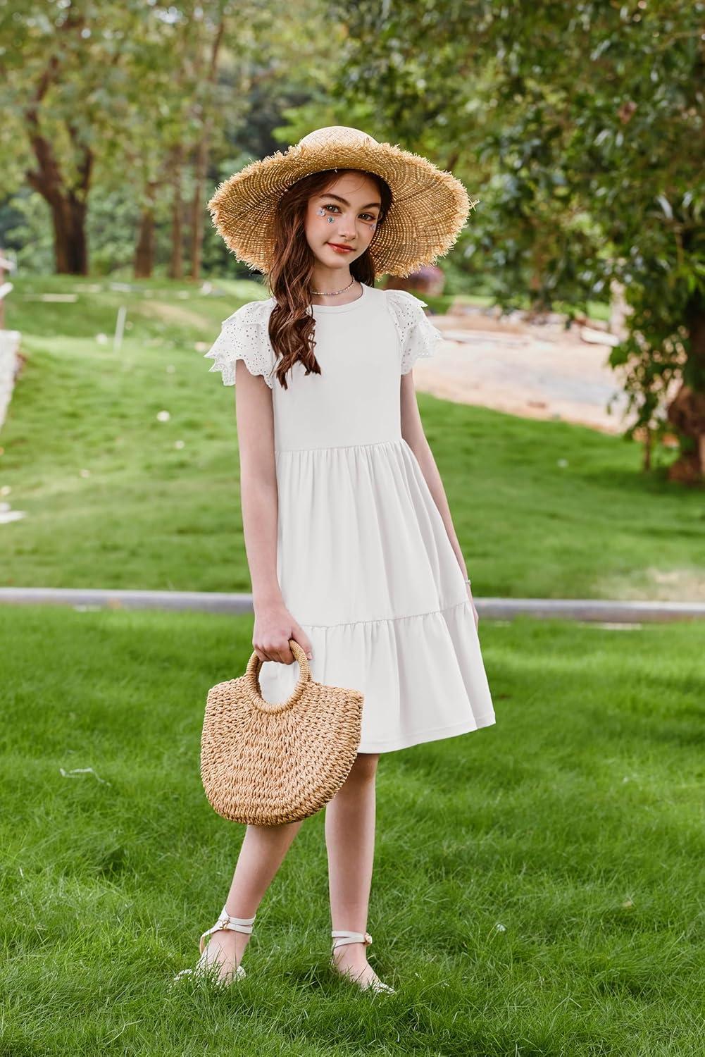image:imageArshiner Girls Summer Dresses Casual Flutter Sleeve ALine Midi Dress with Pockets for 614 YearsWhite