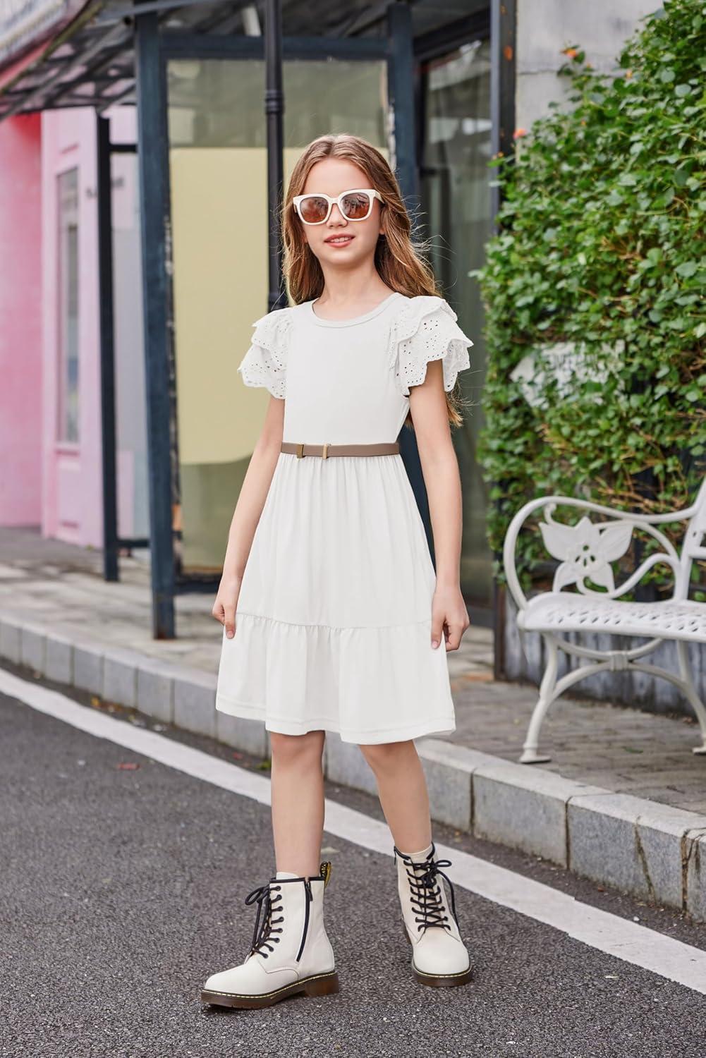 image:imageArshiner Girls Summer Dresses Casual Flutter Sleeve ALine Midi Dress with Pockets for 614 YearsWhite