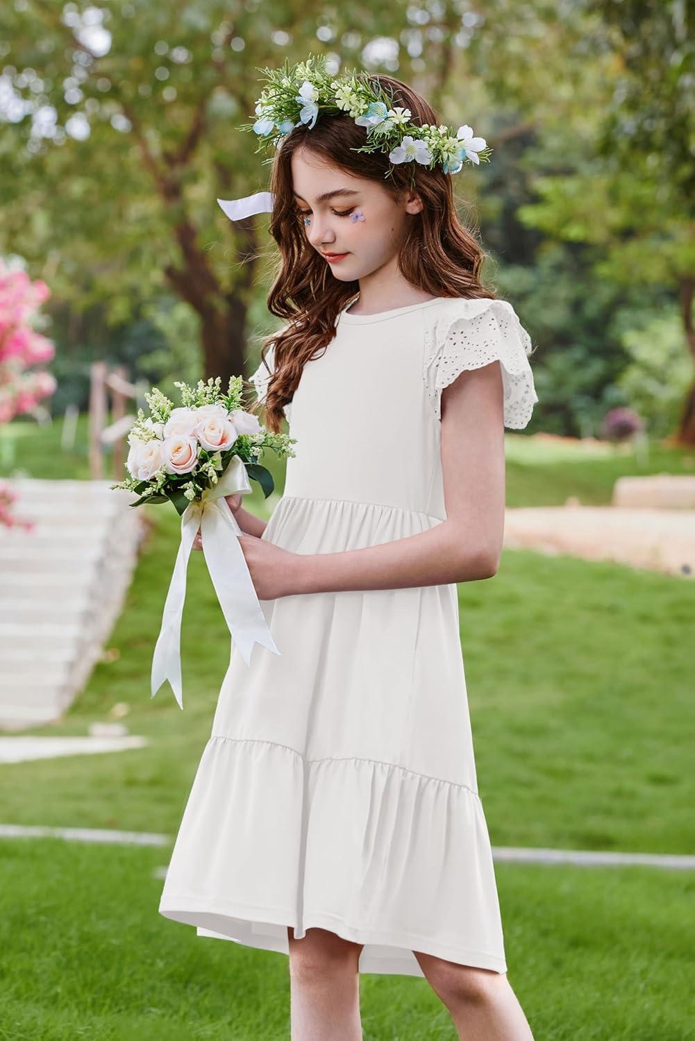image:imageArshiner Girls Summer Dresses Casual Flutter Sleeve ALine Midi Dress with Pockets for 614 YearsWhite