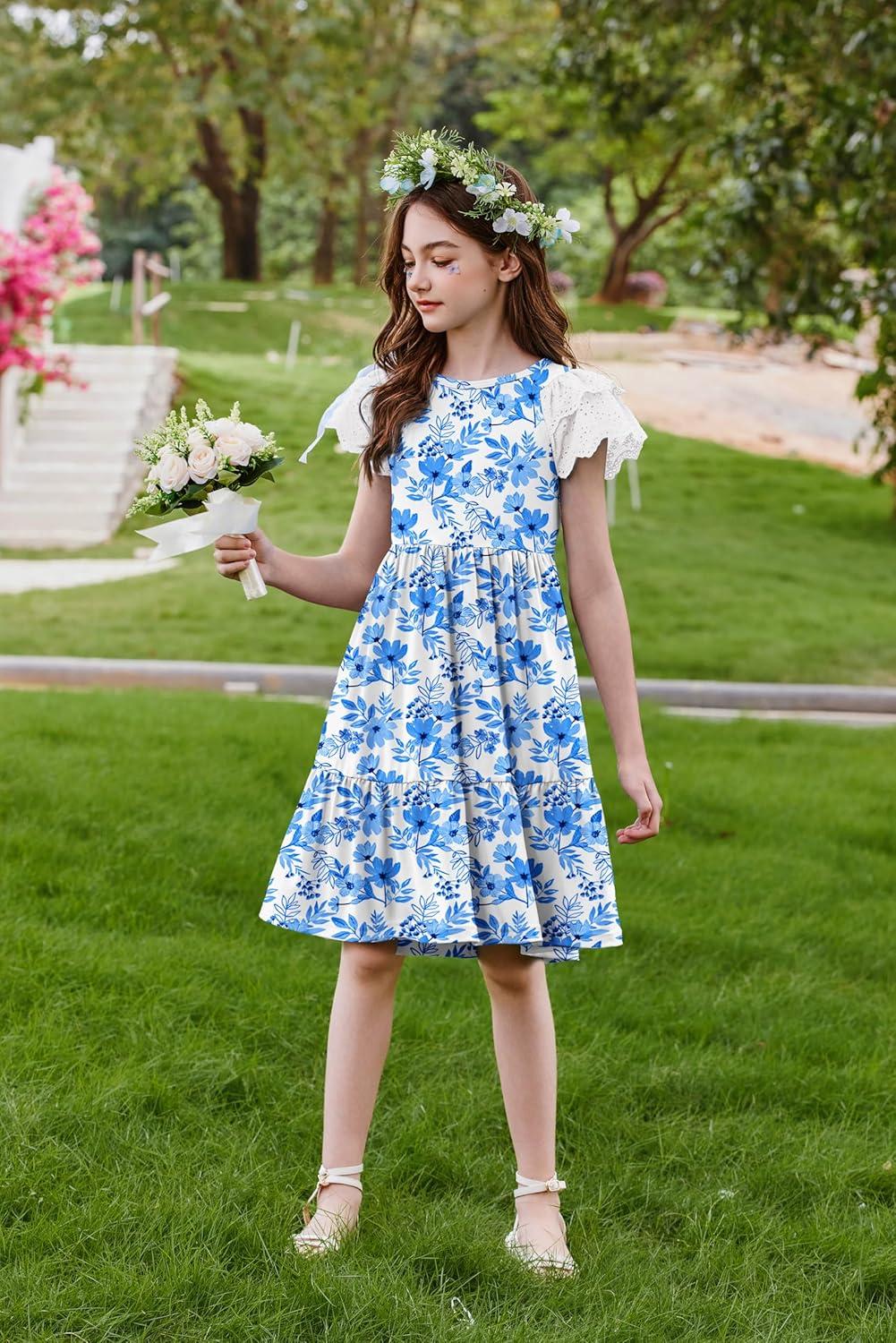 image:imageArshiner Girls Summer Dresses Casual Flutter Sleeve ALine Midi Dress with Pockets for 614 YearsWhite With Flower