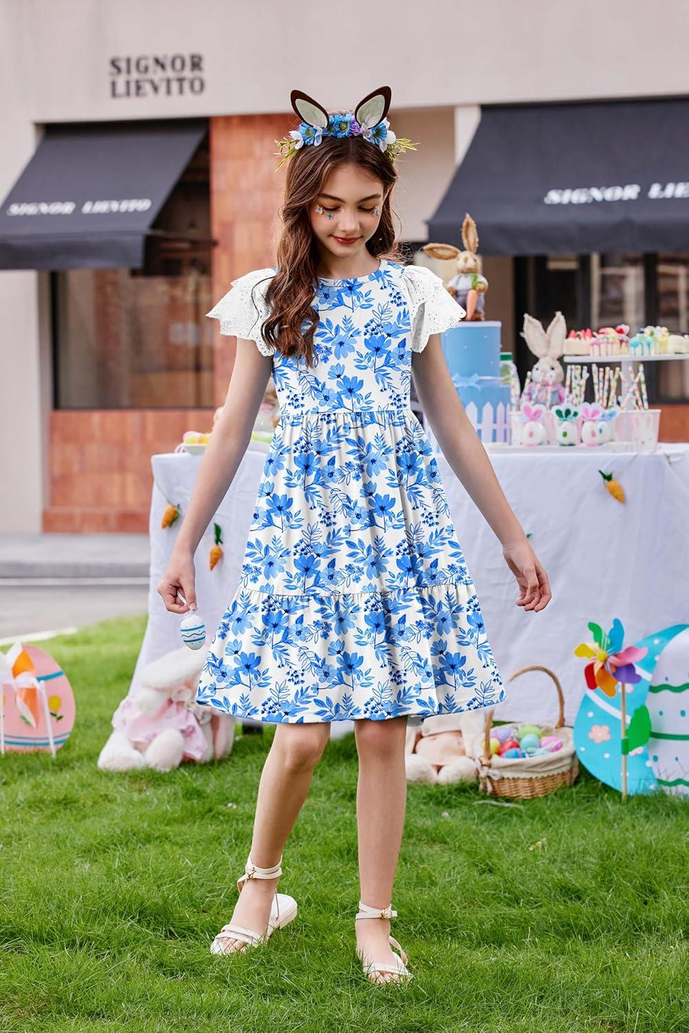 image:imageArshiner Girls Summer Dresses Casual Flutter Sleeve ALine Midi Dress with Pockets for 614 YearsWhite With Flower