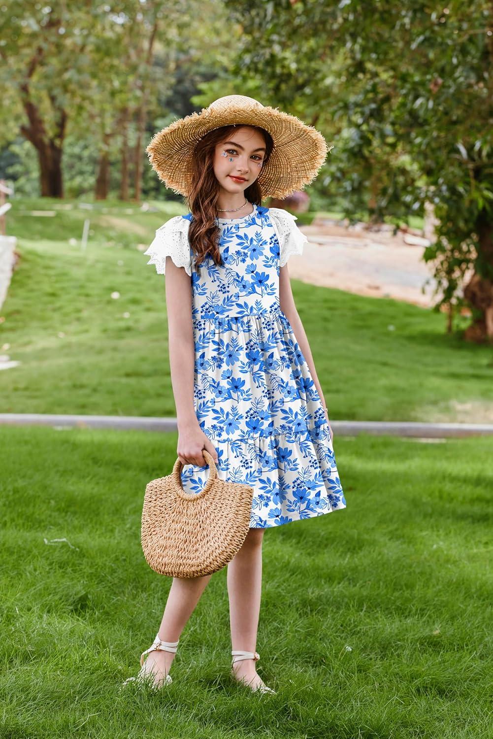 image:imageArshiner Girls Summer Dresses Casual Flutter Sleeve ALine Midi Dress with Pockets for 614 YearsWhite With Flower