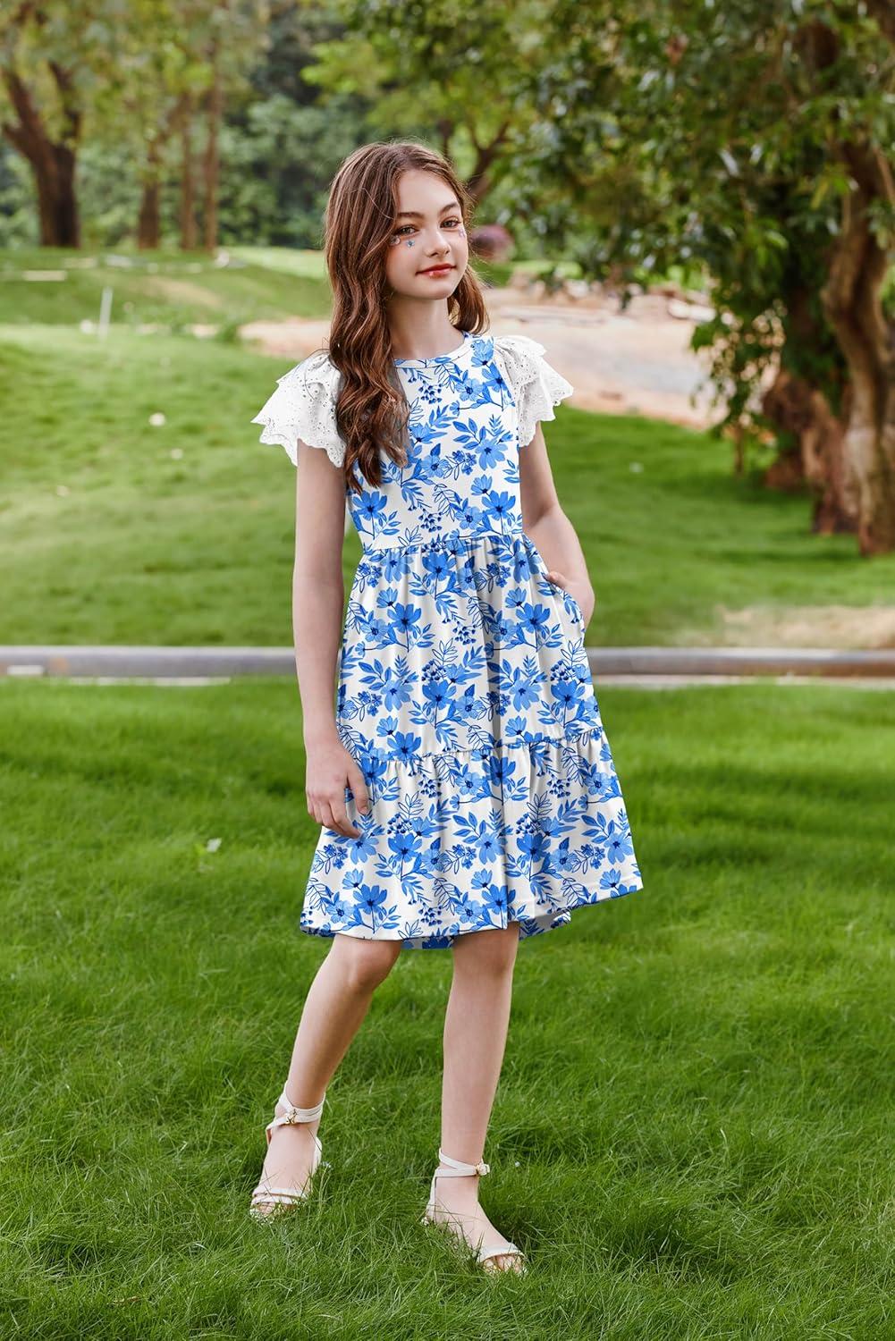 image:imageArshiner Girls Summer Dresses Casual Flutter Sleeve ALine Midi Dress with Pockets for 614 YearsWhite With Flower