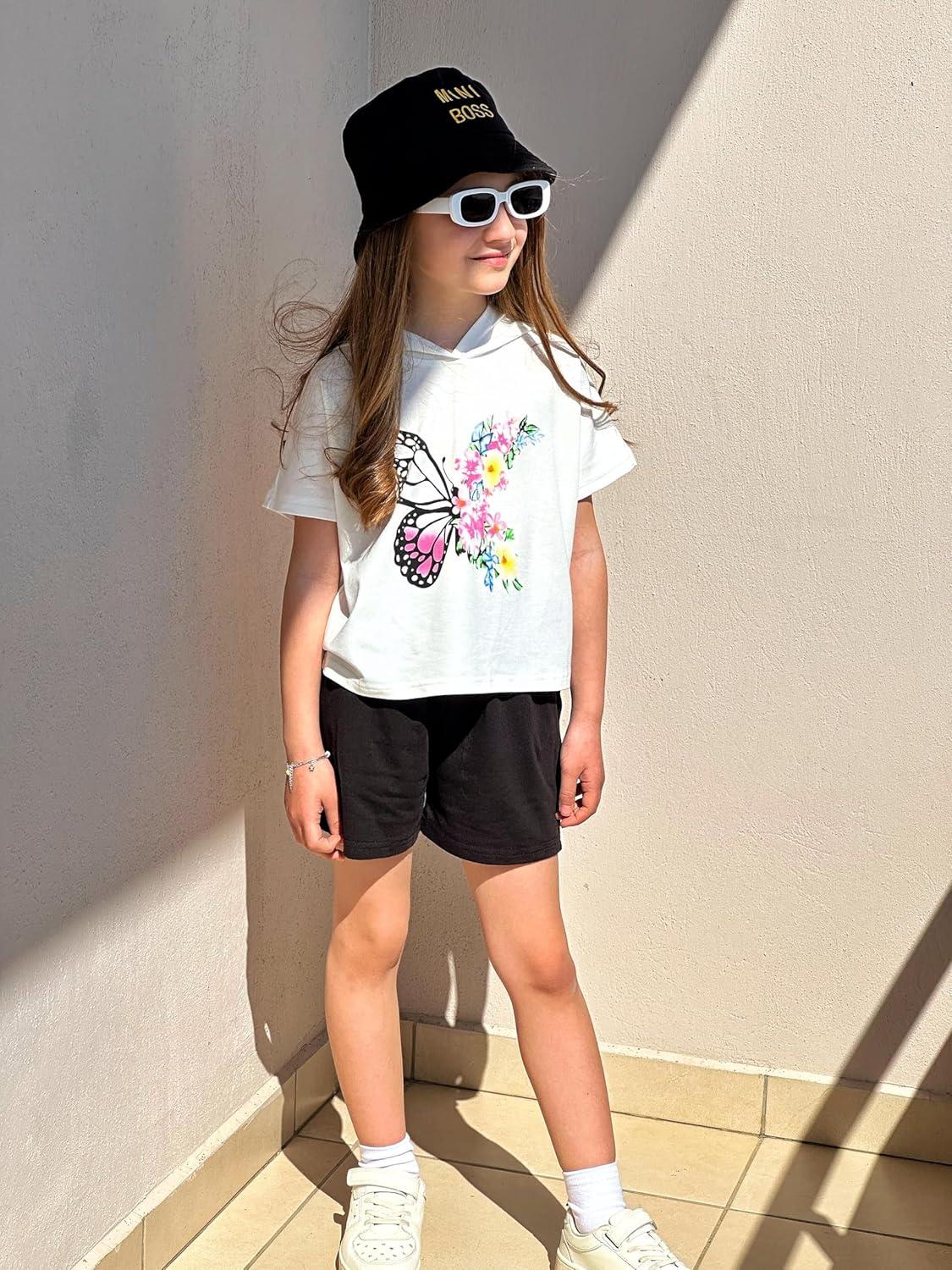 image:imageArshiner Girls Summer Outfits 2 Piece Set Drop Shoulder Hooded Top and Elastic Waist Shorts Loose Fit 614 YearsButterfly