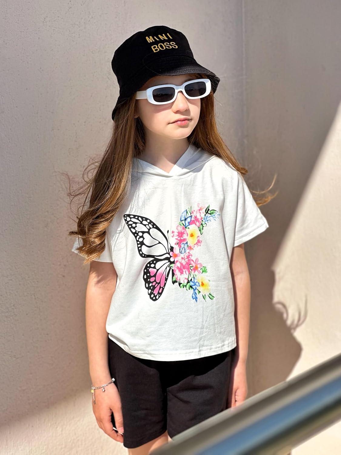 image:imageArshiner Girls Summer Outfits 2 Piece Set Drop Shoulder Hooded Top and Elastic Waist Shorts Loose Fit 614 YearsButterfly