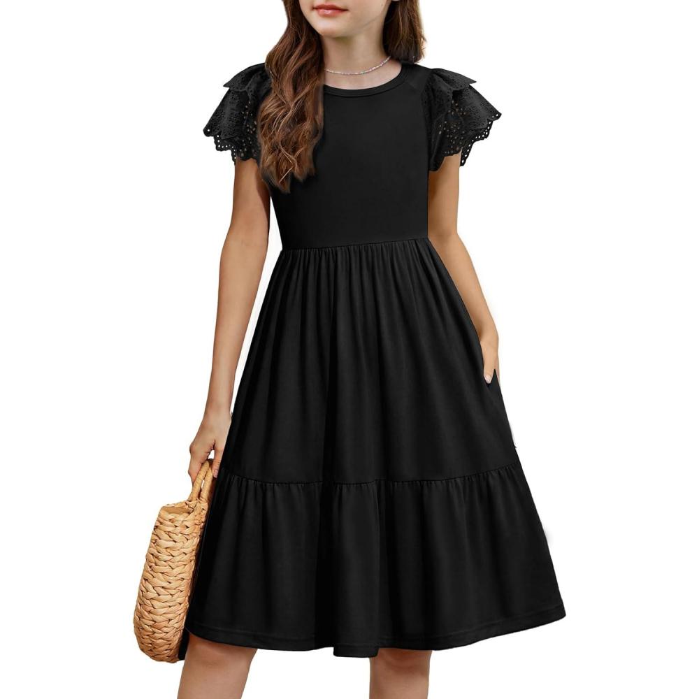 image:imageArshiner Girls Summer Dresses Casual Flutter Sleeve ALine Midi Dress with Pockets for 614 YearsBlack