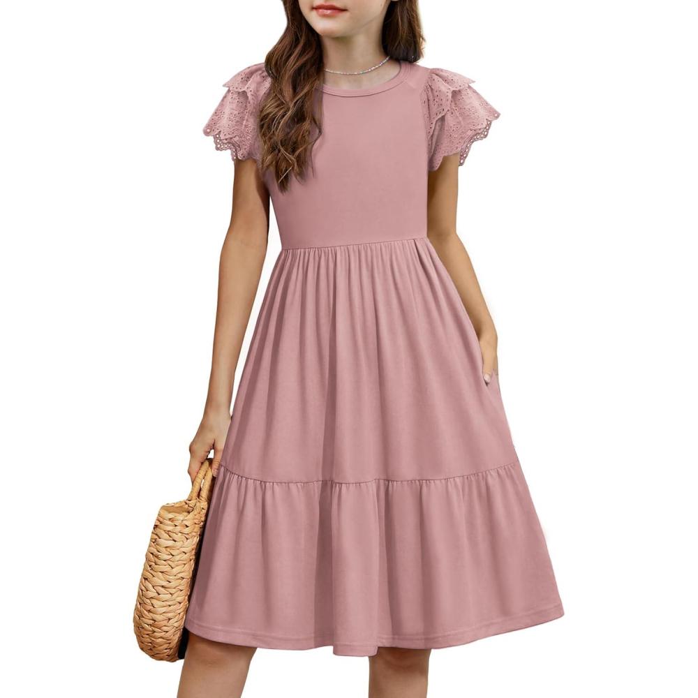 image:imageArshiner Girls Summer Dresses Casual Flutter Sleeve ALine Midi Dress with Pockets for 614 YearsDusty Pink
