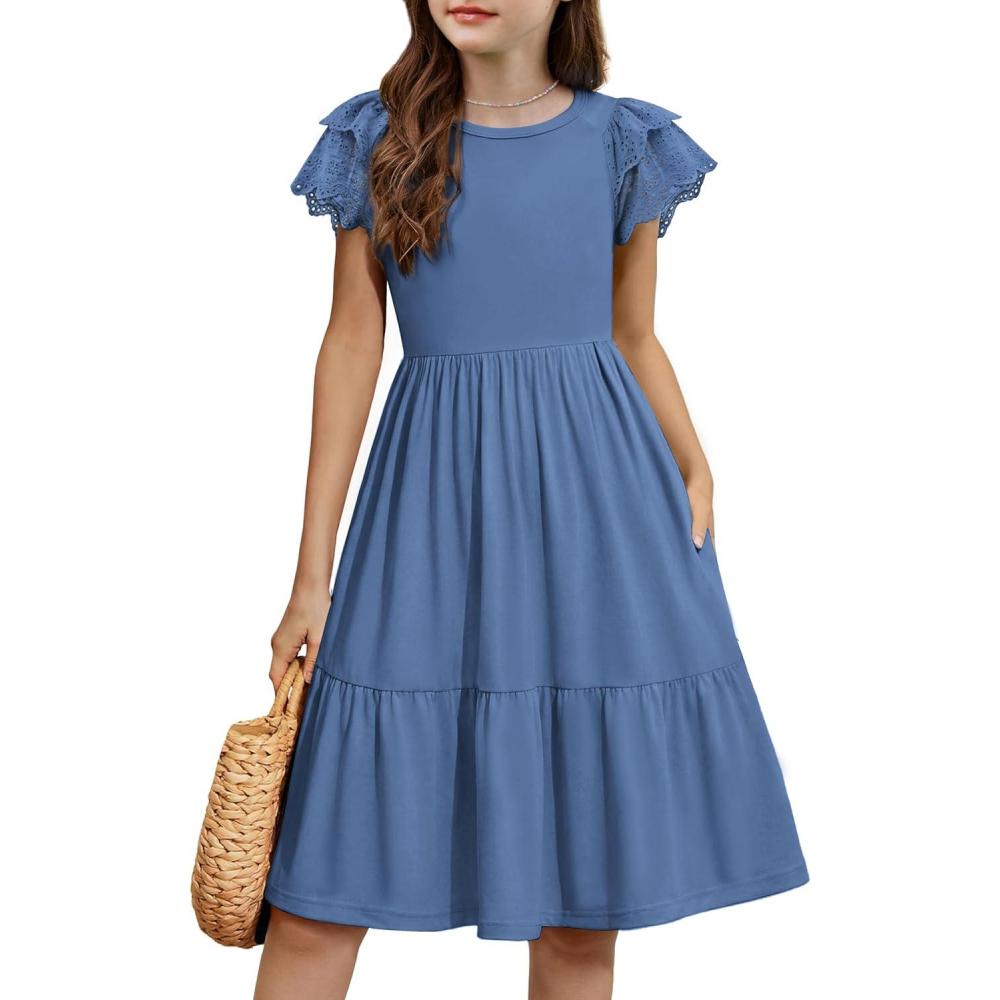 image:imageArshiner Girls Summer Dresses Casual Flutter Sleeve ALine Midi Dress with Pockets for 614 YearsGrey Blue