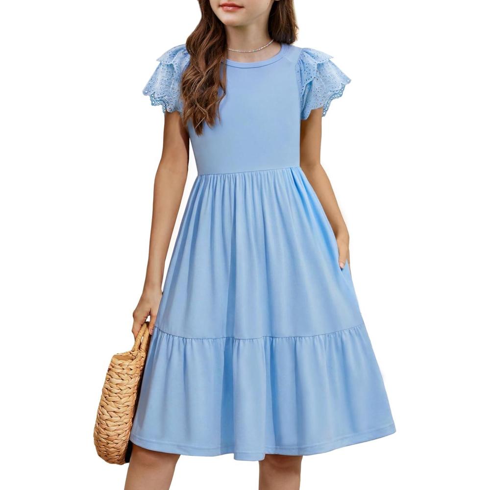image:imageArshiner Girls Summer Dresses Casual Flutter Sleeve ALine Midi Dress with Pockets for 614 YearsLight Blue