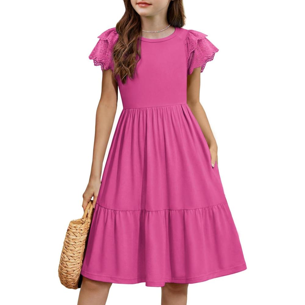 image:imageArshiner Girls Summer Dresses Casual Flutter Sleeve ALine Midi Dress with Pockets for 614 YearsPeach Pink