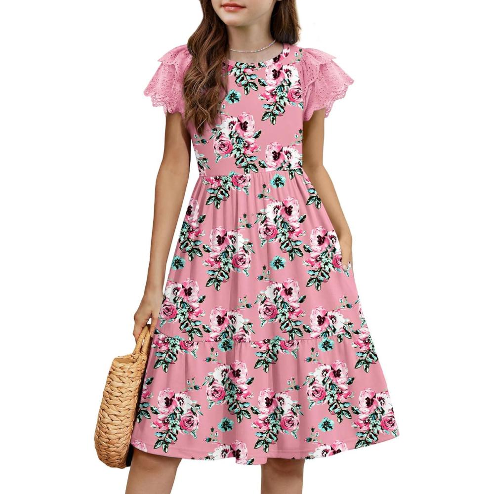 image:imageArshiner Girls Summer Dresses Casual Flutter Sleeve ALine Midi Dress with Pockets for 614 YearsPink With Flower