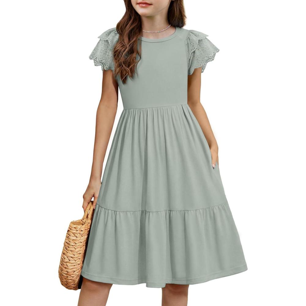 image:imageArshiner Girls Summer Dresses Casual Flutter Sleeve ALine Midi Dress with Pockets for 614 YearsSage
