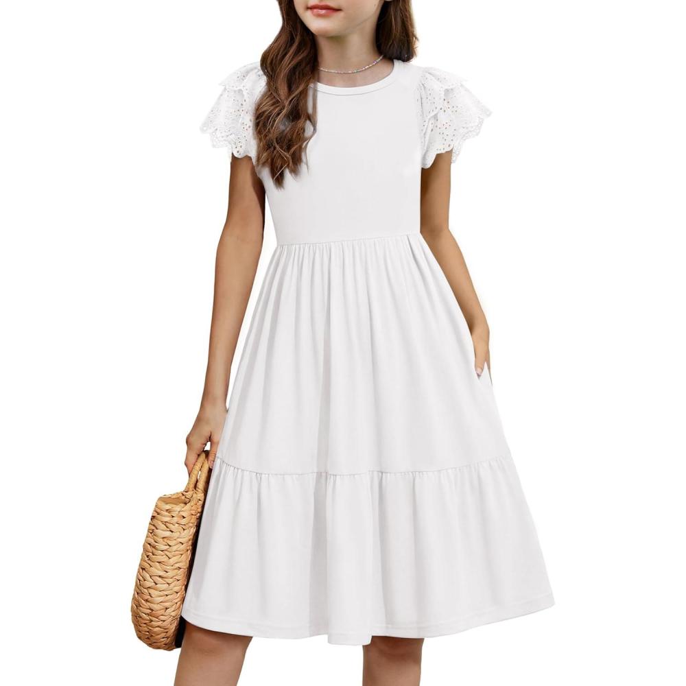 image:imageArshiner Girls Summer Dresses Casual Flutter Sleeve ALine Midi Dress with Pockets for 614 YearsWhite