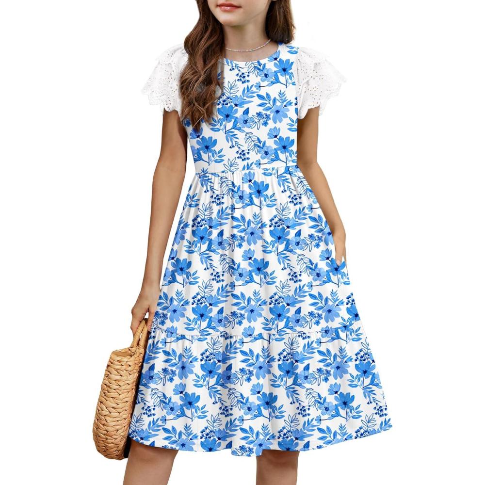 image:imageArshiner Girls Summer Dresses Casual Flutter Sleeve ALine Midi Dress with Pockets for 614 YearsWhite With Flower