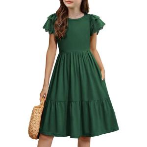 Arshiner Girls Summer Dresses Casual Flutter Sleeve A-Line Midi Dress with Pockets for 6-14 Years(Green)