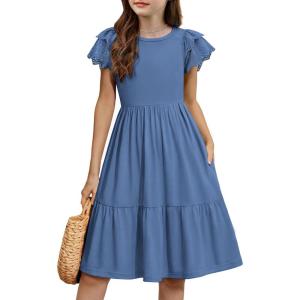 Arshiner Girls Summer Dresses Casual Flutter Sleeve A-Line Midi Dress with Pockets for 6-14 Years(Grey Blue)