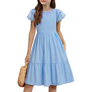 Arshiner Girls Summer Dresses Casual Flutter Sleeve A-Line Midi Dress with Pockets for 6-14 Years(Light Blue)