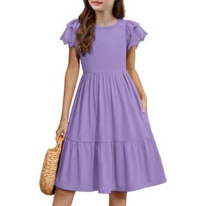 Arshiner Girls Summer Dresses Casual Flutter Sleeve A-Line Midi Dress with Pockets for 6-14 Years(Lilac)