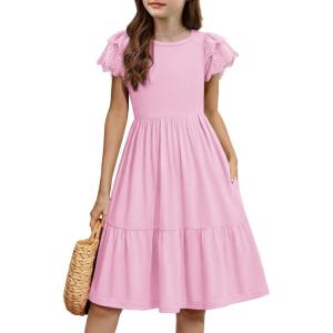 Arshiner Girls Summer Dresses Casual Flutter Sleeve A-Line Midi Dress with Pockets for 6-14 Years(Pink)