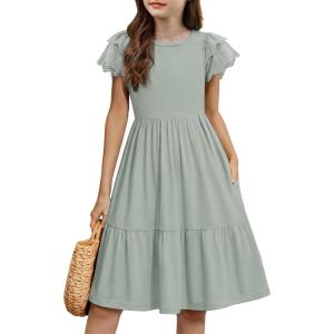 Arshiner Girls Summer Dresses Casual Flutter Sleeve A-Line Midi Dress with Pockets for 6-14 Years(Sage)